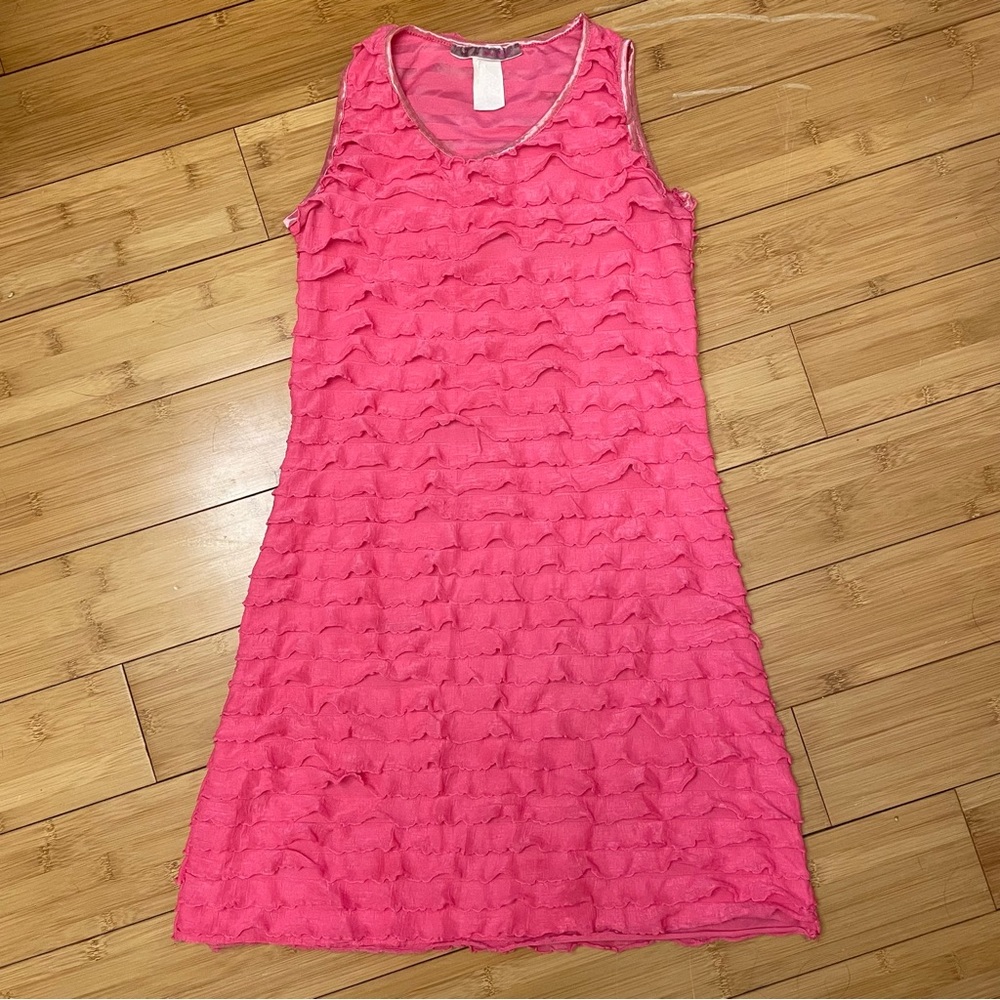 Julie’s Closet girl’s pink tank ruffled dress, satin trim at collar and sleeves.